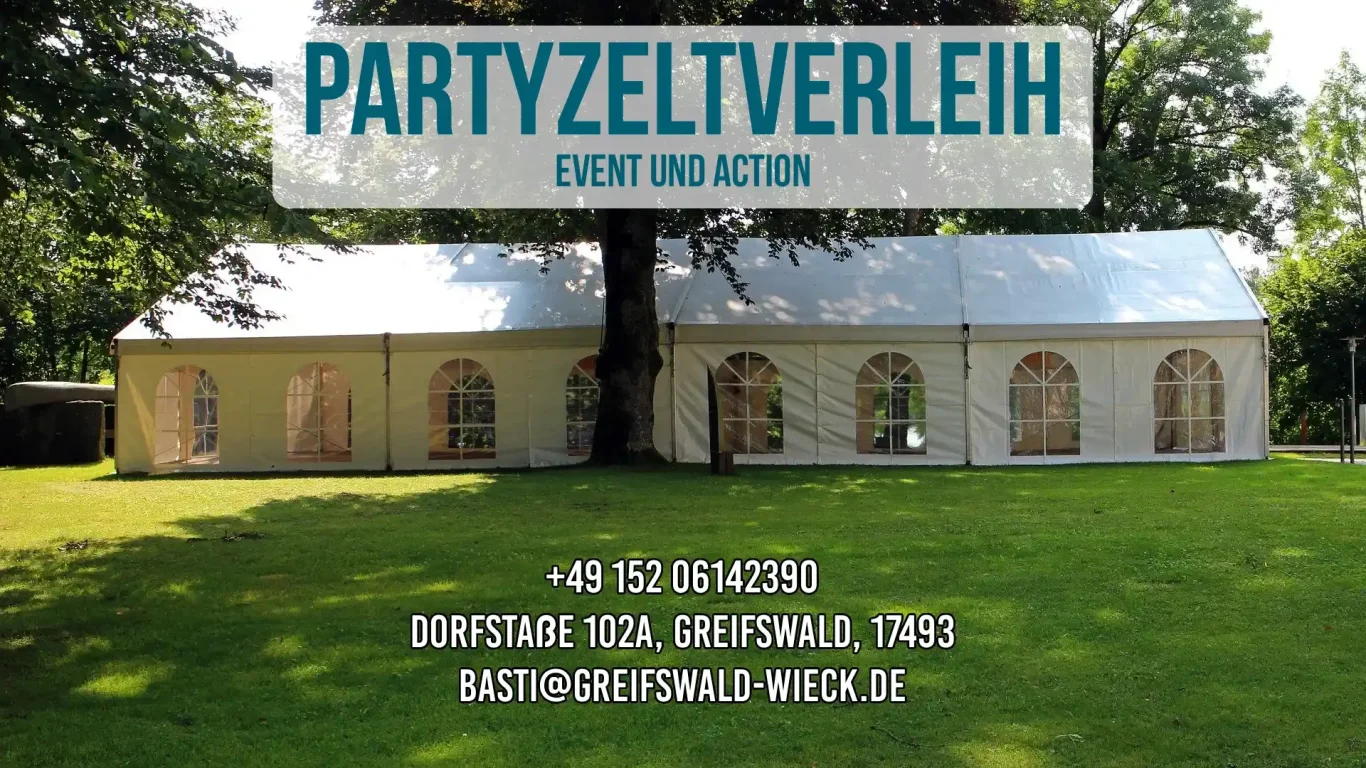 Festzelte & Partyzelte mieten in Greifswald, Stralsund und Usedom – Jetzt anfragen! Partyzeltverleih in Greifswald: Aufgebautes Festzelt für Hochzeit mit Bierzeltgarnituren und Beleuchtung